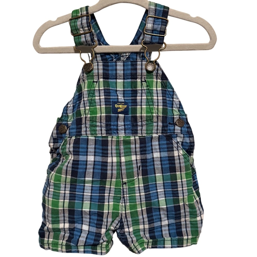 Vintage Plaid y2k Green Blue Shortalls Overalls Oshkosh Bgosh boy baby 0-3 month